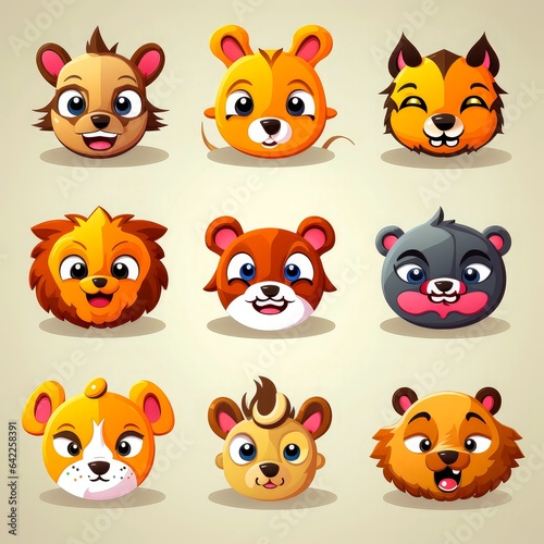 Set of animal faces, face emojis, stickers, emoticons,cartoon funny mascot characters face set, Generative AI illustration