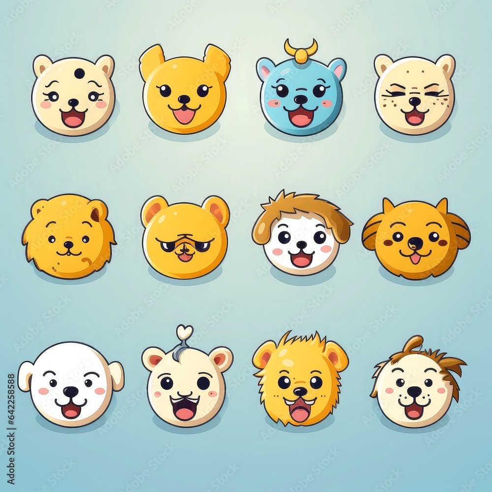 Set of animal faces, face emojis, stickers, emoticons,cartoon funny mascot characters face set, Generative AI illustration Set of animal faces, face emojis, stickers, emoticons,cartoon funny mascot characters face set, Generative AI illustration