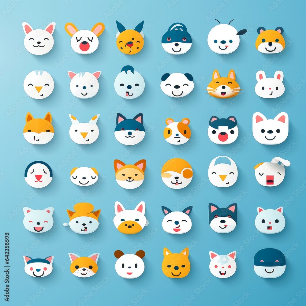 Set of animal faces, face emojis, stickers, emoticons,cartoon funny mascot characters face set, Generative AI illustration