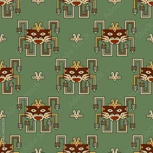 Seamless geometrical ethnic pattern with tribal motifs. Ornament of ancient Peru with stylized face. Native American art of Nazca Indians. On green background.