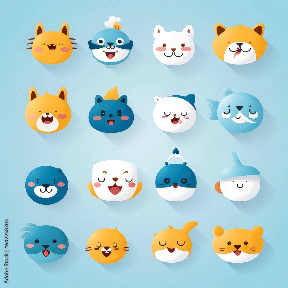 Set of animal faces, face emojis, stickers, emoticons,cartoon funny mascot characters face set, Generative AI illustration