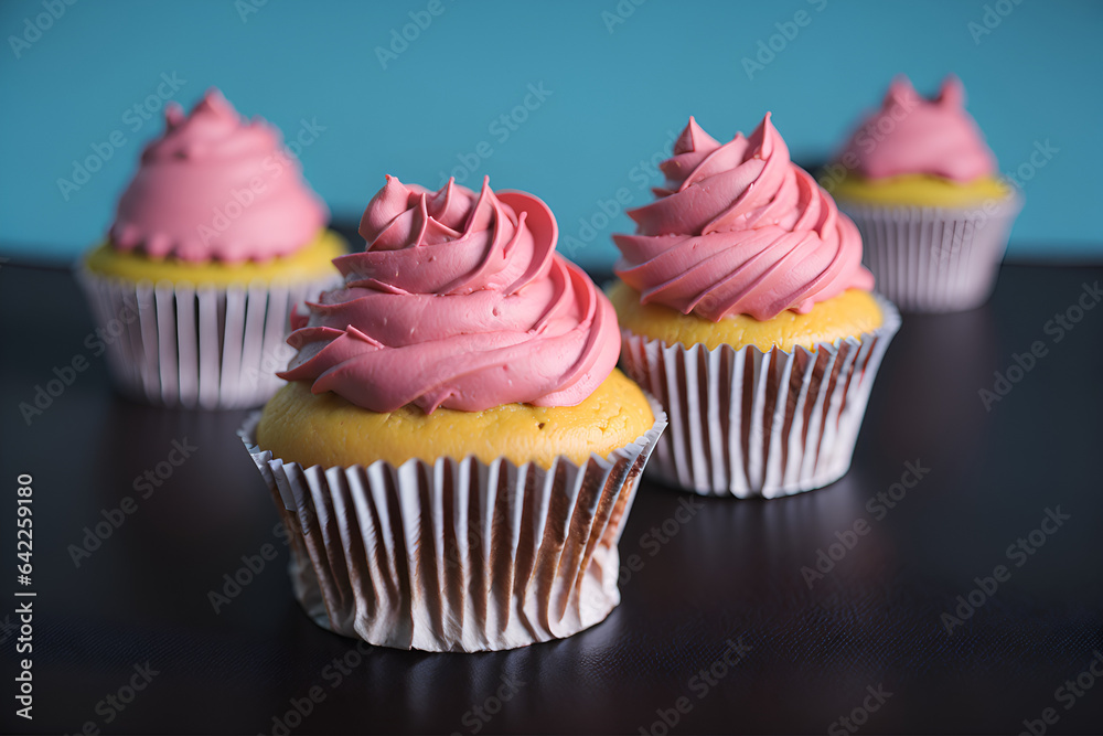 A close-up of deliciously decorated cupcakes, perfectly arranged on a table. An irresistible delight for the eyes and the palate. Generated by AI A close-up of deliciously decorated cupcakes, perfectly arranged on a table. An irresistible delight for the eyes and the palate. Generated by AI