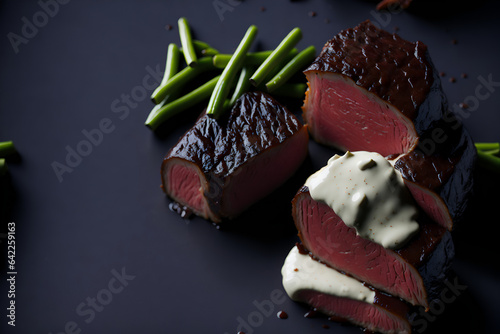 A close-up view of fresh meat with reddish tones, perfectly prepared to awaken the desire for an exceptional dining experience. Generated by AI photo