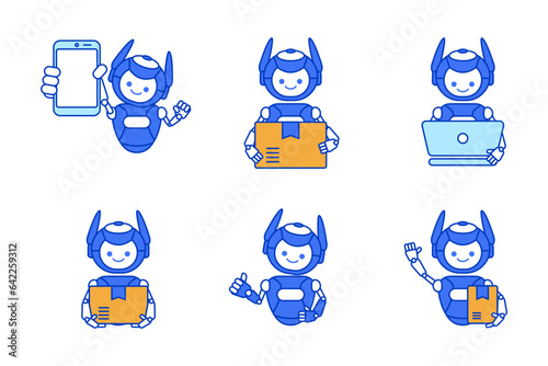 Robot courier mascot character vector illustration. Robot postman bringing or delivering parcel illustration