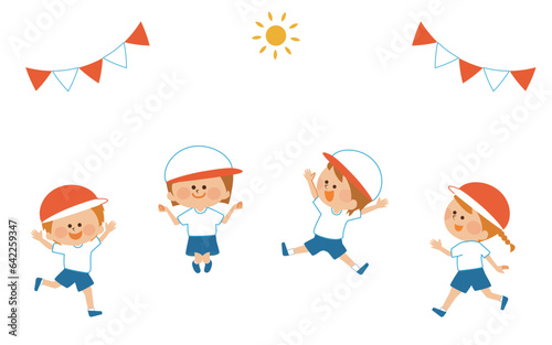 運動会　ジャンプする子供達のイラスト素材