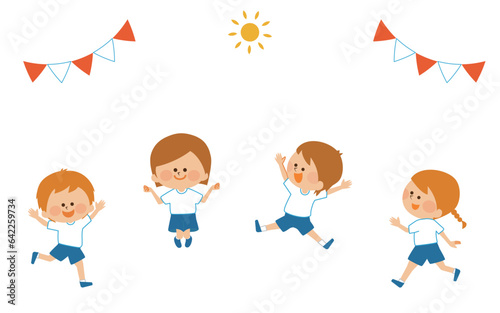 運動会　ジャンプする子供達のイラスト素材
