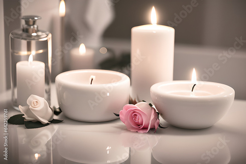 Elegant white bathroom interior with rose and candles  Macro shot romantic zen Atmosphere.