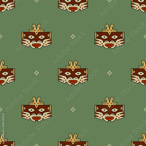 Seamless geometrical ethnic pattern with tribal motifs. Ornament of ancient Peru with stylized face. Native American art of Nazca Indians. On green background.