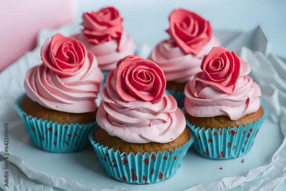 A close-up of deliciously decorated cupcakes, perfectly arranged on a table. An irresistible delight for the eyes and the palate. Generated by AI