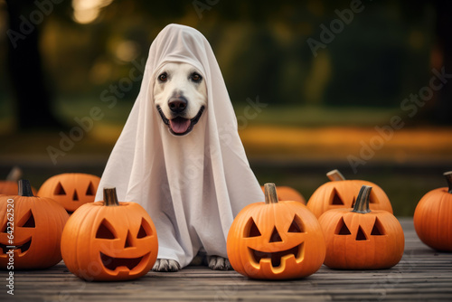 Ghostly Canine Costume: Halloween's Cutest Trick-or-Treater. Generative AI