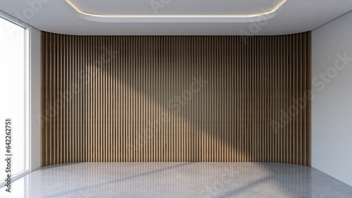 Modern empty room with vertical wooden slats. 3d illustration render