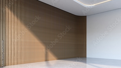Modern empty room with vertical wooden slats. 3d illustration render
