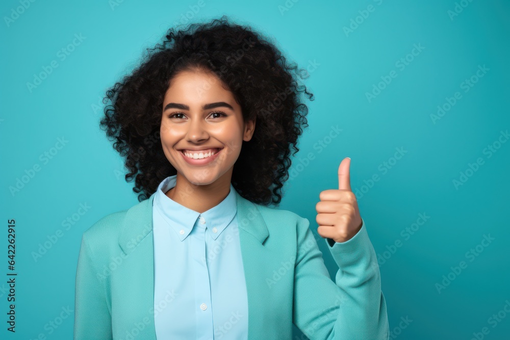 Happy businesswoman showing thumb up over blue background. Wearing a shirt and Looking at the camera.