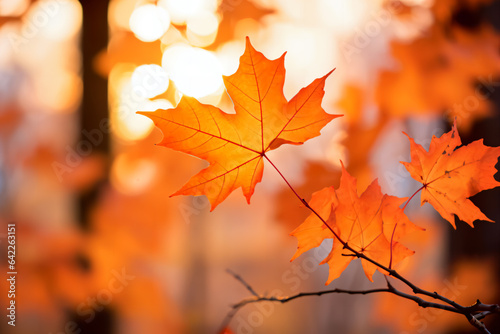 Close-up of gorgeous orange autumn maple leaves in the forest with soft focus during sunset