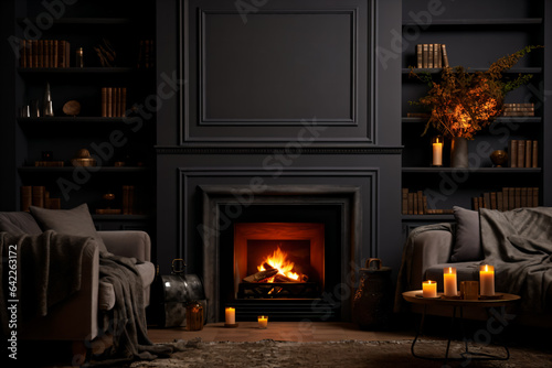 Vintage Dark Interior with Fireplace mockup © danter