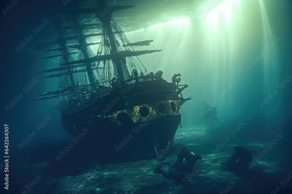 Fototapeta premium Glowing sunken pirate ship underwater with a giant squid. beautiful Generative AI AIG32