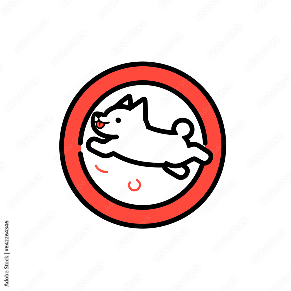Dog jumping through a hoop vector icon in minimalistic, black and red