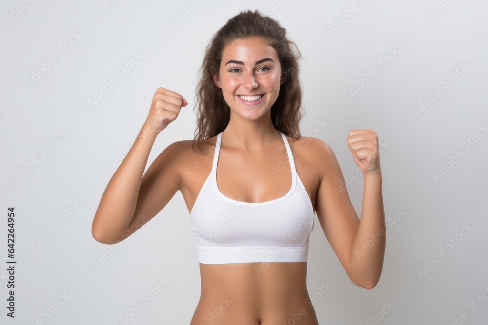 Portrait of a smiling sportswoman in white sportswear showing her thumb up and her biceps isolated on a white background and Looking at the camera. Portrait of a smiling sportswoman in white sportswear showing her thumb up and her biceps isolated on a white background and Looking at the camera.