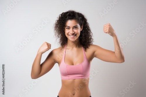 Portrait of a smiling sportswoman in pink sportswear showing her thumb up and her biceps isolated on a white background and Looking at the camera. © Kowit