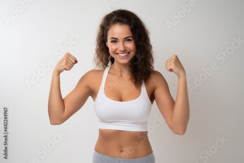 Portrait of a smiling sportswoman in white sportswear showing her thumb up and her biceps isolated on a white background and Looking at the camera. © Kowit