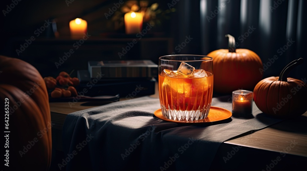 Portrait pumpkin with a glass cocktail on the table Ai Generative