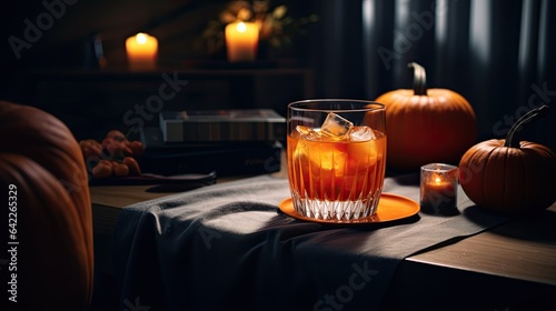 Portrait pumpkin with a glass cocktail on the table Ai Generative