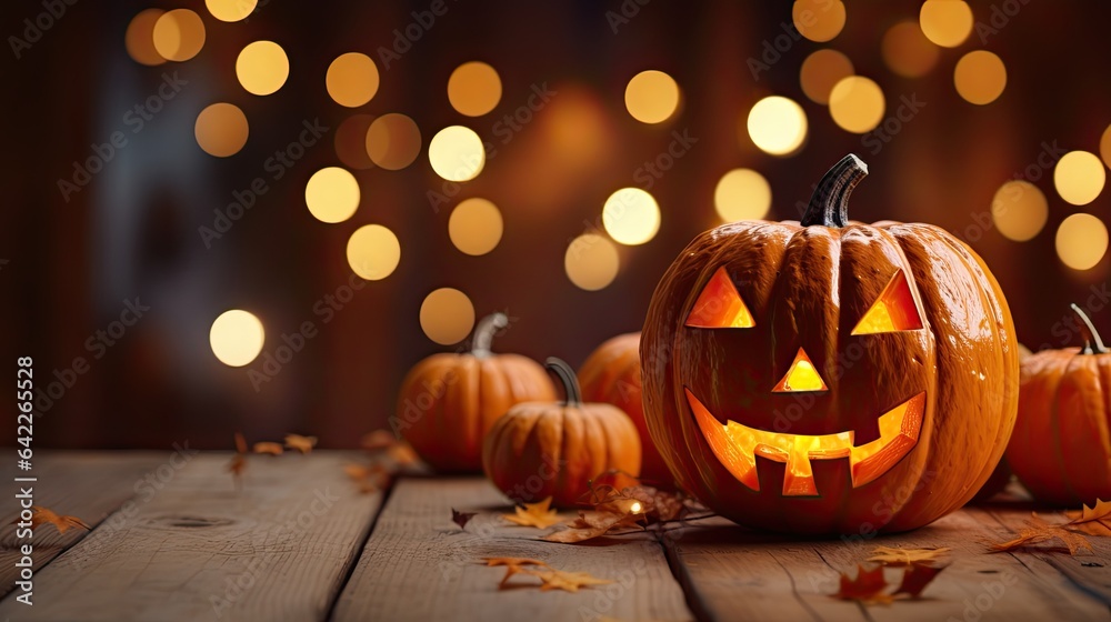Fototapeta premium Halloween pumpkin head jack o lantern with burning fire background, wooden table