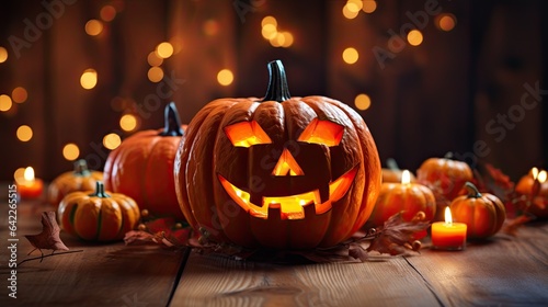 Halloween pumpkin head jack o lantern with burning fire background, wooden table