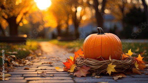 Portrait pumpkin with autumn leaf wreath AI Generative