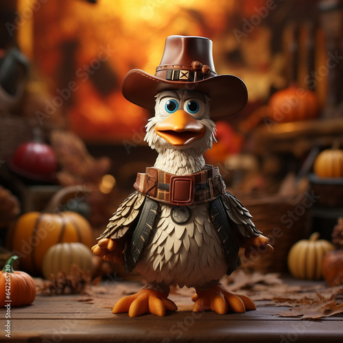 thanksgiving turkey wearing a pilgrim hat with pumpkins photo