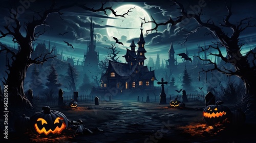 Halloween scary. Spooky graveyard and haunted house at night Horror moon