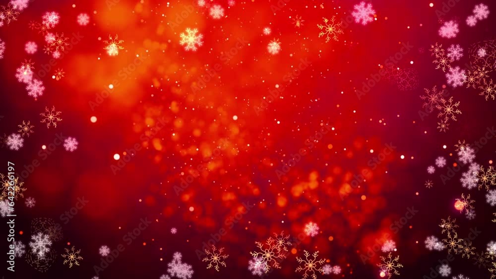 Red moving background. greeting card merry christmas holiday season with snowflakes shining light decorations. Beautiful Happy New Year festive frame abstract particles falling glitter animation. 