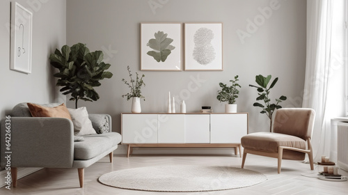 Poster above cabinet with plants next to grey settee in white flat interior. Generative AI © Kharismafajar