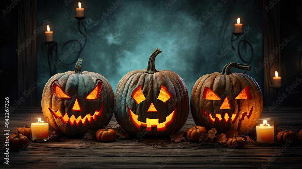 Illuminated Halloween Carved Pumpkins on wooden table Illuminated Halloween Carved Pumpkins on wooden table