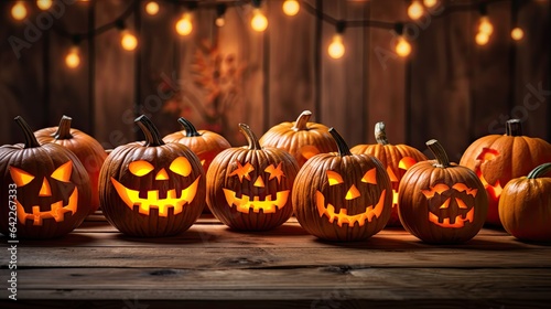 Illuminated Halloween Carved Pumpkins on wooden table