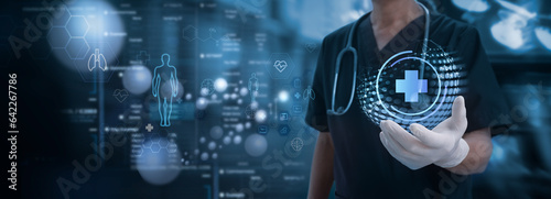 Medical technology. Doctor holding health icon with dna, electronic medical record. Digital healthcare and research with global network connection on hologram virtual screen, digital health technology