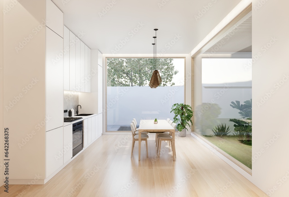 Minimal white kitchen and dining table. 3D illustration rendering Minimal white kitchen and dining table. 3D illustration rendering