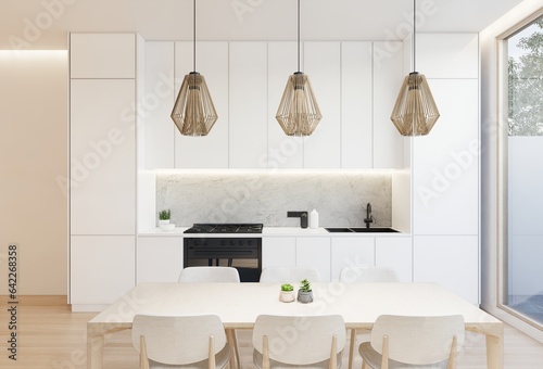 Minimal white kitchen and dining table. 3D illustration rendering © AuzaStudio