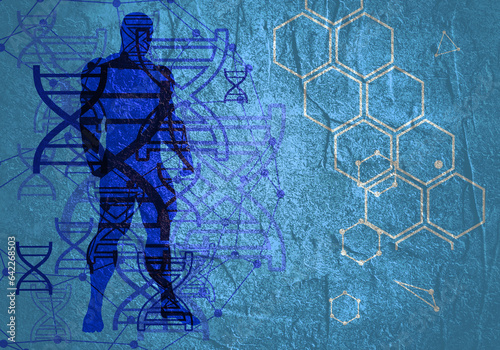 Concept of biochemistry with abstract dna symbol and silhouette of muscular man photo