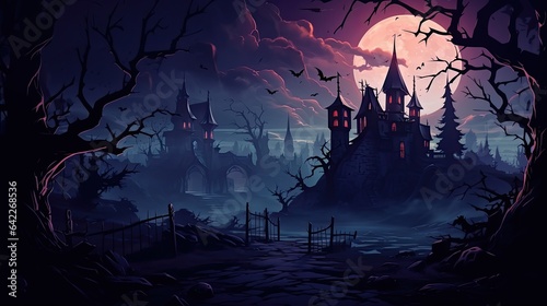 Spooky graveyard and haunted house at night cartoon illustration