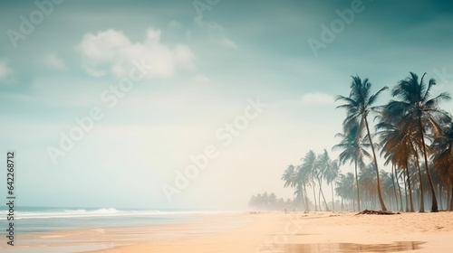 blurred background of sand and sea  coconut trees and sky. Generative AI