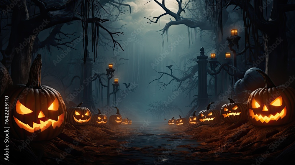 Spooky Halloween banner in a misty forest with an arrangement of glowing evil