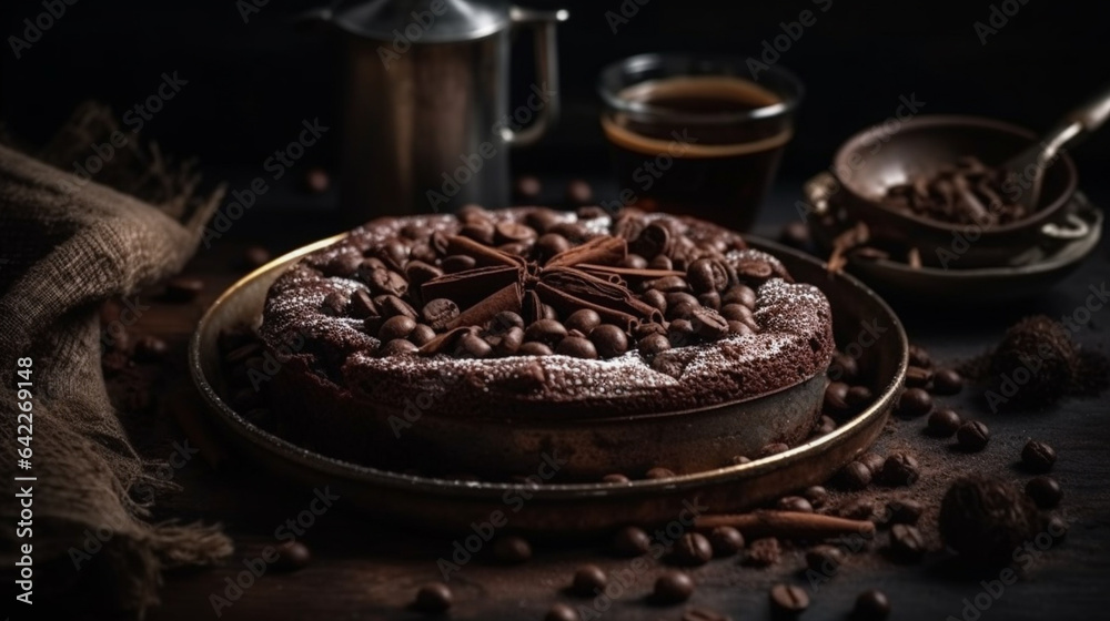 Homemade chocolate cake kladdkaka in vintage dish with coffee beans