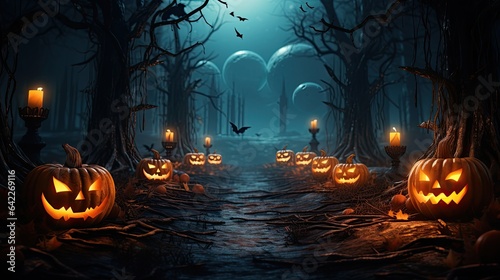 Spooky Halloween banner in a misty forest with an arrangement of glowing evil