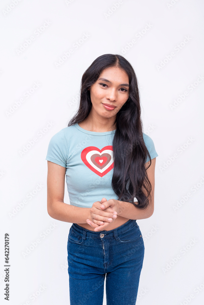 A young asian trans woman making a wholehearted plea for help. An NGO worker making a solicitation. Isolated on a white background. A young asian trans woman making a wholehearted plea for help. An NGO worker making a solicitation. Isolated on a white background.