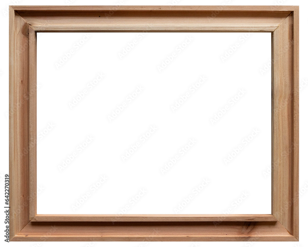 Empty rectangular wood photo frame with a square groove on its face that has been stained with a light brown stain and is ready for a photo or piece of art to be put in it.