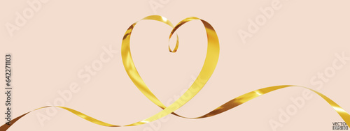 Gold ribbons heart isolated on beige background. Continuous ribbon line art drawing. Element for Valentine's day, mother's day wedding and print. 3D vector illustration.