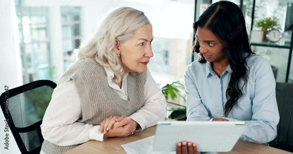 Business woman, financial advisor and tablet for retirement plan, online contract information and investment meeting. Accountant and senior client on digital technology, insurance or asset management