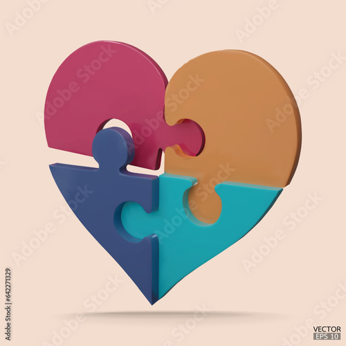 3D Cartoon Love Puzzle jigsaw isolated on beige background. Colorful heart jigsaw puzzle. World Health Day, Valentine day symbol. Jigsaw heart symbol. charity donation. 3D vector illustration.