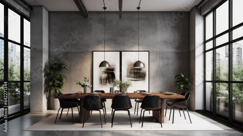 Interior design inspiration of Contemporary Industrial style home dining room loveliness decorated with Concrete and Metal material and Track Lighting .Generative AI home interior design .